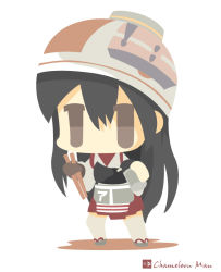 Rule 34 | 10s, 1girl, akagi (kancolle), artist name, black hair, brown eyes, chameleon man (three), chopsticks, commentary request, flat color, hair between eyes, hakama, hakama skirt, holding, holding chopsticks, japanese clothes, kantai collection, long hair, muneate, no lineart, red hakama, sandals, shadow, skirt, solo, tasuki, thighhighs, white background, white thighhighs