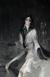 Rule 34 | 1other, black gloves, black hat, bloodborne, bloodytongue666, bottle, covered eyes, cowboy shot, eyeball, gloves, green ribbon, hat, highres, indoors, jewelry, long sleeves, neck ribbon, necklace, parted lips, ribbon, robe, sitting, smile, solo, white robe