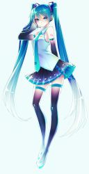 Rule 34 | 1055, 1girl, absurdres, blue eyes, boots, breasts, collared shirt, detached sleeves, eyelashes, full body, gradient background, green hair, hair between eyes, hair ornament, hatsune miku, headphones, highres, legs, long hair, looking at viewer, necktie, pale skin, pleated skirt, shirt, simple background, skirt, sleeveless, small breasts, solo, strap, thighhighs, twintails, very long hair, vocaloid