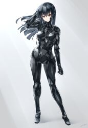 Rule 34 | 1girl, absurdres, arm at side, black hair, commentary request, commission, contrapposto, cyborg, full body, grey background, hand on own head, hayabusa aoi, highres, joints, long hair, looking at viewer, original, robot joints, science fiction, signature, skeb commission, solo, standing, wind, wind lift, yellow eyes