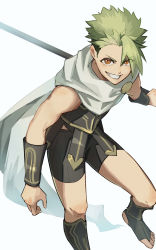 Rule 34 | 1boy, achilles (fate), asymmetrical hair, bracer, brown eyes, commentary request, eyes visible through hair, fate/apocrypha, fate/grand order, fate (series), foot out of frame, green hair, grin, haruakira, highres, holding, leg up, looking at viewer, male focus, scarf, short hair, shorts, simple background, smile, solo, stirrup footwear, toeless footwear, white background, white scarf, aged down