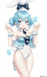 Rule 34 | 1girl, :o, absurdres, animal ears, armpit peek, bare shoulders, bicute bunnies miku, black necktie, blue eyes, blue footwear, blue hair, blue nails, blush, breasts, cleavage, covered navel, detached collar, dot nose, double bun, fake animal ears, fake tail, fishnet pantyhose, fishnets, foot up, frilled cuffs, hair between eyes, hair bun, hatsune miku, highleg, highleg leotard, highres, legs together, leotard, looking at viewer, medium breasts, nail polish, necktie, noneon319, open mouth, pantyhose, pixiv username, playboy bunny, pom pom (clothes), rabbit ears, rabbit tail, raised eyebrows, shoes, short hair, sidelocks, simple background, solo, strapless, strapless leotard, tail, thigh gap, tie clip, vocaloid, white background, white leotard, wrist cuffs