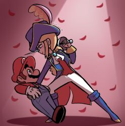 Rule 34 | 1boy, 1girl, akiiame, bent over, blonde hair, blue eyes, boots, brown hair, earrings, face-to-face, facial hair, feathers, flower, full body, gloves, hat, holding, jewelry, knee boots, long hair, looking at another, mario, mario (series), mustache, nintendo, overalls, pants, ponytail, princess peach, princess peach: showtime!, rose, smile, spots, sword, swordfighter peach, weapon, white pants