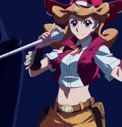 Rule 34 | 1girl, belt, breasts, cowboy hat, female focus, hat, large breasts, light brown hair, melissa claire, microphone, midriff, navel, screencap, shirt, smile, third-party edit, vest, yu-gi-oh!, yu-gi-oh! arc-v