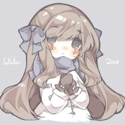 Rule 34 | 1girl, 2018, black eyes, black mittens, blue background, blue bow, blue scarf, blush, bow, brown hair, coat, cold, commentary, dated, english commentary, english text, hair bow, highres, light frown, littlebluemuffin, long hair, long sleeves, looking at viewer, mittens, new year, original, own hands clasped, own hands together, painttool sai (medium), parted lips, scarf, sidelocks, upper body, white bow, white coat, wrist bow, yumeruu (littlebluemuffin)