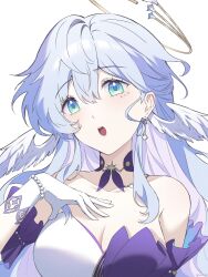 Rule 34 | 1girl, aqua eyes, bare shoulders, bead bracelet, beads, blue hair, bracelet, breasts, cleavage, commentary, detached sleeves, dress, gloves, head wings, highres, honkai: star rail, honkai (series), jewelry, large breasts, long hair, looking at viewer, rio (rio773), robin (honkai: star rail), simple background, solo, strapless, strapless dress, upper body, very long hair, white background, white gloves, wings