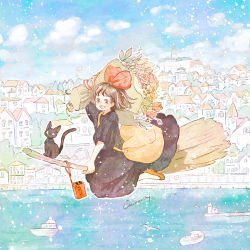 Rule 34 | 1girl, animal, black cat, black dress, blue sky, boat, bouquet, bow, broom, broom riding, brown eyes, brown hair, building, carrying bag, cat, cityscape, cloud, day, dress, floating hair, flower, flying, hair bow, highres, kiki (majo no takkyuubin), landscape, leaf, light particles, looking at viewer, majo no takkyuubin, momochy, ocean, open mouth, pastel colors, pink flower, pink rose, pink tulip, plant, red bow, red flower, red rose, rose, ship, short hair, sky, studio ghibli, town, tree, tulip, water, watercraft, yellow bag