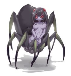 Rule 34 | 1girl, arachne, arthropod girl, bad id, bad pixiv id, black hair, bob cut, breasts, breasts apart, bug, colored skin, covering crotch, covering privates, extra eyes, frfr, insect girl, monster girl, no nose, nude, original, purple skin, red eyes, simple background, solo, spider, spider girl, taur, v arms, white background