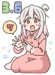 Rule 34 | 1girl, :d, ahoge, blush, brown eyes, collared dress, commentary request, dated, dress, finger counting, full body, genderswap, genderswap (mtf), grey hair, hair between eyes, long hair, long sleeves, looking at viewer, nekotoufu, onii-chan wa oshimai!, open mouth, oyama mahiro, pink dress, puffy long sleeves, puffy sleeves, simple background, smile, socks, solo, white background, white socks