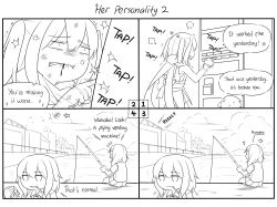 Rule 34 | 3girls, :d, admiral (kancolle), anger vein, animal, arrow (symbol), bare arms, bare shoulders, bird, blood, blood from mouth, cigarette, closed mouth, cloud, comic, commentary, day, english text, fishing, fishing line, fishing rod, greyscale, guin guin, hair between eyes, hair ornament, hairclip, highres, kantai collection, kuroshio (kancolle), long hair, monochrome, mouth hold, multiple girls, non-human admiral (kancolle), open mouth, outdoors, parted lips, penguin, pleated skirt, scarf, sendai (kancolle), shirt, short sleeves, sitting, skirt, sleeveless, sleeveless shirt, smile, spoken anger vein, sweat, trembling, two side up, vending machine, vest, wakaba (kancolle), water