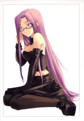 Rule 34 | 00s, bustier, fate/stay night, fate (series), glasses, highres, long hair, medusa (fate), medusa (rider) (fate), navel, purple eyes, purple hair, shingo (missing link), square pupils, very long hair