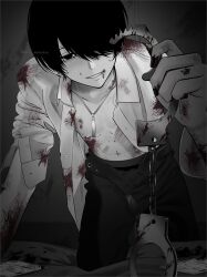 Rule 34 | 1boy, blood, blood on clothes, blood on face, blood on hands, blush, commentary request, cuffs, greyscale, hair over one eye, handcuffs, highres, holding, holding handcuffs, injury, jewelry, lip piercing, looking at viewer, male focus, mole, mole on neck, mole under mouth, monochrome, necklace, open clothes, open shirt, original, pants, piercing, shirt, sleeves rolled up, solo, soui manshin, spot color, sweat, twitter username