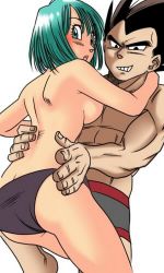 Rule 34 | 1boy, 1girl, :d, :o, aqua eyes, aqua hair, arm around neck, ass, back, bare arms, bare back, bare legs, bare shoulders, black eyes, black hair, black panties, blush, breasts, bulma, butt crack, clenched teeth, couple, dragon ball, dragonball z, grin, hetero, hug, husband and wife, large breasts, legs, looking at viewer, looking back, matching hair/eyes, moaning, muscular, neck, no bra, open mouth, panties, round teeth, short hair, sideboob, simple background, smile, teeth, thighs, topless, underwear, vegeta, white background