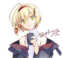 Rule 34 | 1girl, ahoge, alternate costume, azur lane, bare shoulders, blonde hair, commentary request, cup, dated, fortissimo, green eyes, hair between eyes, hair intakes, hair ornament, hairband, head tilt, holding, holding cup, jacket, looking at viewer, mug, musical note, musical note hair ornament, no headwear, off shoulder, sidelocks, signature, simple background, solo, southampton (azur lane), vilor, white background