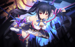 Rule 34 | 1girl, bare shoulders, black hair, black thighhighs, blue ribbon, boots, breasts, cait aron, choker, cleavage, detached collar, detached sleeves, frills, frown, full body, garter straps, hair ribbon, highres, long hair, looking at viewer, medium breasts, neptune (series), noire (neptunia), red eyes, restrained, ribbon, ribbon choker, skirt, solo, thigh boots, thighhighs, twintails, white skirt