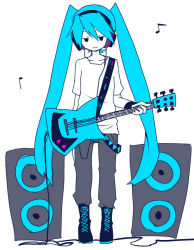 Rule 34 | 1girl, aqua hair, bad id, bad pixiv id, boots, electric guitar, guitar, hatsune miku, headphones, instrument, limited palette, long hair, musical note, parmesan (168n), smile, solo, speaker, twintails, vocaloid