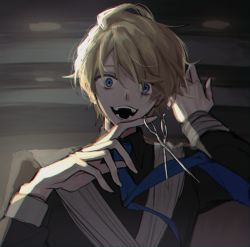 Rule 34 | 1boy, :d, absurdres, bandaged arm, bandages, black shirt, blonde hair, blue eyes, blue necktie, collared shirt, crazy eyes, crazy smile, hair between eyes, hands up, highres, holding, holding scissors, holostars, kishido temma, kyokyo726, looking at viewer, male focus, necktie, open mouth, scissors, shirt, short hair, smile, solo, teeth, upper body, virtual youtuber