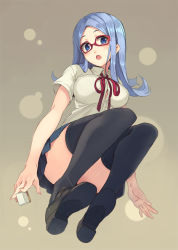 Rule 34 | 1girl, :o, atago kinue, black thighhighs, blue eyes, blue hair, blue skirt, board game, breasts, chestnut mouth, collared shirt, convenient leg, dress shirt, from below, glasses, gradient background, grey background, holding, large breasts, legs together, loafers, long hair, looking at viewer, mahjong, mahjong tile, open mouth, parsley-f, pleated skirt, red-framed eyewear, saki (manga), school uniform, shirt, shoe soles, shoes, short sleeves, simple background, skirt, solo, teeth, thighhighs, thighs, white shirt