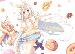 Rule 34 | 2girls, :d, ^ ^, ahoge, animal ear fluff, animal ears, arms up, black legwear, blue skirt, blush, breasts, cardigan, cleavage, closed eyes, cynthia riddle, doughnut, floating hair, food, food in mouth, fox ears, fox tail, full body, hairband, large breasts, loafers, lolita hairband, long hair, long sleeves, looking at viewer, milia leclerc, miniskirt, mouth hold, multiple girls, off shoulder, open mouth, original, p19, pleated skirt, pon de ring, rabbit ears, red eyes, school uniform, shirt, shoes, sidelocks, silver hair, skirt, smile, socks, tail, very long hair, virtual youtuber, white shirt