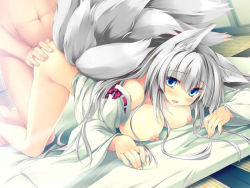 Rule 34 | animal ears, bent over, blue eyes, blush, bottomless, breasts, character request, doggystyle, covered erect nipples, fox, fox ears, fox tail, inari, large breasts, long hair, multiple tails, nipples, open mouth, sex, sex from behind, source request, tail, tateha (marvelous grace), white hair