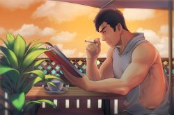 Rule 34 | 1boy, black hair, book, cigarette, closed mouth, cloud, commentary, creatures (company), cup, from side, frown, game freak, grey shirt, highres, holding, holding book, holding cigarette, kashi kosugi, male focus, nintendo, norman (pokemon), outdoors, plant, pokemon, pokemon rse, reading, saucer, shirt, short hair, sitting, sky, sleeveless, sleeveless shirt, smoking, solo, steam, table, twilight