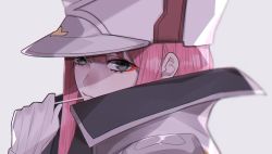 Rule 34 | 1girl, absurdres, bad id, bad pixiv id, candy, close-up, commentary, darling in the franxx, eyeshadow, food, gloves, green eyes, hat, high collar, highres, jacket, lollipop, looking at viewer, makeup, mano aaa, pink hair, red eyeshadow, solo, white gloves, zero two (darling in the franxx)