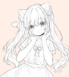 Rule 34 | 1girl, :o, animal ear fluff, animal ears, blush, cat ears, dress, hands up, heart, highres, long hair, maid, monochrome, mutou mato, open mouth, original, short sleeves, simple background, solo, twintails, upper body