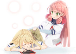 Rule 34 | 10s, 2girls, akashi (kancolle), blonde hair, bubble background, closed eyes, covering privates, crossover, green eyes, hair ribbon, high school fleet, highres, kantai collection, layered sleeves, long hair, long sleeves, looking at another, multiple girls, name connection, pink hair, puffy sleeves, red ribbon, ribbon, ryouya, school uniform, serafuku, short over long sleeves, short sleeves, sleeping, smile, sugimoto sango, swept bangs, tablet pc