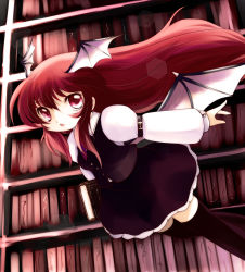 Rule 34 | 1girl, bat wings, belt, book, chibi, female focus, flying, head wings, highres, koakuma, library, looking at viewer, necktie, open mouth, red eyes, red hair, solo, embodiment of scarlet devil, thighhighs, touhou, vest, voile, wings, yume shokunin