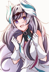 1girl :d bare_shoulders black_choker black_hair choker clenched_hands dress fire_emblem fire_emblem_engage gloves grey_hair highres long_hair looking_at_viewer multicolored_hair nintendo open_mouth purple_eyes sleeveless sleeveless_dress smile solo twitter_username two-tone_hair upper_body veyle_(fire_emblem) white_dress white_gloves wing_hair_ornament yutohiroya