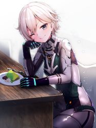 Rule 34 | 1girl, alice gear aegis, beans, bodysuit, cake, closed mouth, commentary request, doyouwantto, food, fork, looking at viewer, necktie, nikaido tsukasa, one eye closed, purple eyes, signature, sitting, smile, solo, white hair