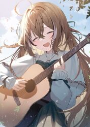 Rule 34 | 1girl, absurdres, acoustic guitar, ahoge, aroa (aroamoyasi), brown hair, capelet, closed eyes, cloud, cloudy sky, collared shirt, crossed bangs, falling leaves, green ribbon, green skirt, guitar, hair ribbon, highres, hololive, hololive english, instrument, leaf, light particles, long hair, long skirt, long sleeves, multicolored hair, music, nanashi mumei, official alternate costume, playing instrument, pleated skirt, puffy long sleeves, puffy sleeves, ribbon, shirt, skirt, sky, smile, streaked hair, sunlight, teeth, upper teeth only, very long hair, virtual youtuber, white capelet, white shirt