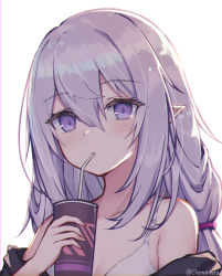 Rule 34 | 1girl, backlighting, bare shoulders, camisole, collarbone, cup, disposable cup, drinking straw, drinking straw in mouth, highres, holding, holding cup, linez, long hair, looking at viewer, off shoulder, original, pointy ears, purple eyes, shirt, sidelocks, simple background, sleeveless, sleeveless shirt, solo, spaghetti strap, upper body, white background, white hair, white shirt
