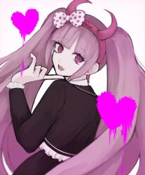 Rule 34 | 1girl, :d, blunt bangs, bow, danganronpa (series), danganronpa another episode: ultra despair girls, fake horns, from behind, hair bow, hairband, hand up, heart, horns, jacket, lll shino, long hair, long sleeves, looking at viewer, open mouth, pink eyes, pink hair, simple background, smile, solo, twintails, utsugi kotoko, white background