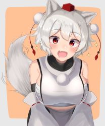 Rule 34 | 1girl, :d, animal ears, blush, border, breasts, collarbone, commentary request, detached sleeves, drooling, fang, hair between eyes, hat, inubashiri momiji, large breasts, leaning forward, looking at viewer, midriff, mouth drool, navel, open mouth, orange background, outside border, pom pom (clothes), red eyes, red hat, ribbon-trimmed sleeves, ribbon trim, sarashi, shirt, short hair, simple background, skirt, sleeveless, sleeveless shirt, smile, solo, sparkle, tail, tail wagging, tassel, tojo aoi, tokin hat, touhou, upper body, white border, white hair, white shirt, white skirt, wolf ears, wolf tail