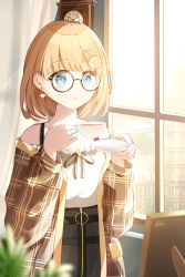 Rule 34 | 1girl, artist name, black skirt, blonde hair, blouse, blue eyes, brown coat, building, cityscape, clock, coat, commentary request, cup, day, earrings, gold necklace, heart, heart earrings, high-waist skirt, highres, hololive, hololive english, indoors, jewelry, key, key necklace, necklace, nore th, official alternate costume, plaid, plaid coat, round eyewear, saucer, shirt, short hair, signature, skirt, skyscraper, solo, sunlight, tea, teacup, virtual youtuber, wall clock, watson amelia, watson amelia (street casual), white shirt, window