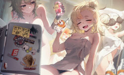 4girls :d absurdres aged_up anger_vein artist_logo black_bra blonde_hair bottle bra breasts burnice_white caesar_king_(zenless_zone_zero) can closed_eyes closed_mouth collarbone commentary_request convenient_censoring drink_can glass_bottle green_hair highres holding holding_bottle holding_can holding_towel large_breasts logo long_hair looking_at_object luciana_de_montefio multiple_girls naked_towel navel nude open_mouth open_towel piper_wheel prosthesis prosthetic_hand refrigerator short_hair shouting smile smug stomach sushispin towel underwear very_long_hair yellow_eyes zenless_zone_zero