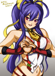 Rule 34 | 1girl, antenna hair, backless outfit, bare shoulders, blazblue, blazblue: central fiction, blazblue variable heart, blue hair, bow, breast hold, breast lift, breasts, dated, fingerless gloves, genderswap, genderswap (mtf), gloves, hair between eyes, hair bow, halterneck, heart, heart-shaped boob challenge, heart hands, hip vent, large breasts, long hair, lowleg, lowleg pants, mai natsume, midriff, mina cream, navel, nipple slip, nipples, no bra, no panties, open mouth, pants, polearm, ponytail, purple eyes, red gloves, revealing clothes, ribbon, sideboob, sidelocks, simple background, smile, solo, standing, stomach, thigh gap, thighs, upper body, very long hair, weapon, yellow bow
