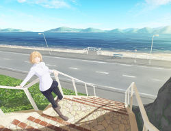 Rule 34 | 1girl, ^ ^, against railing, antenna hair, arcueid brunestud, arm support, black pantyhose, blonde hair, boots, breasts, brown footwear, bus stop, closed eyes, day, facing viewer, highres, jewelry, knee boots, lamppost, miniskirt, mountainous horizon, necklace, ocean, open mouth, outdoors, pantyhose, pleated skirt, railing, road, scenery, short hair, sikiwa, skirt, smile, solo, stairs, standing, sweater, tsukihime, turtleneck, turtleneck sweater, white sweater