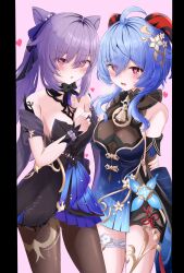 2girls absurdres bell blue_hair cone_hair_bun ganyu_(genshin_impact) ganyu_(twilight_blossom)_(genshin_impact) genshin_impact hair_bun hair_ornament heart heart-shaped_pupils highres horns keqing_(genshin_impact) keqing_(opulent_splendor)_(genshin_impact) moni_(moni7475) multiple_girls pantyhose purple_hair ribbon symbol-shaped_pupils vision_(genshin_impact)