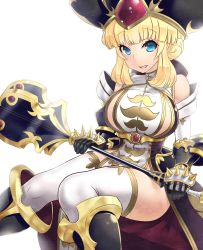 Rule 34 | 1girl, :d, black footwear, black hat, blonde hair, blue eyes, breasts, gauntlets, gloves, hat, highres, iromo (etc wing), large breasts, looking at viewer, mace, open mouth, sennen sensou aigis, sitting, smile, solo, spiked gloves, thighhighs, weapon, white thighhighs