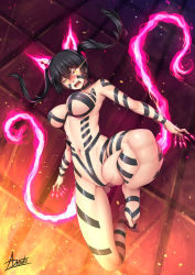 Rule 34 | 1girl, adsouto, armpits, barefoot, between toes, black choker, black hair, black tape project, blush, breasts, budget sarashi, choker, cleavage, commentary, covered erect nipples, en&#039;en no shouboutai, energy, fangs, feet, fiery ears, fiery tail, fire, floating, floating hair, full body, glowing, glowing eyes, gluteal fold, groin, hair between eyes, head tilt, highres, long hair, looking at viewer, medium breasts, navel, nose blush, open mouth, purple fire, revealing clothes, sarashi, sidelocks, signature, solo, stomach, tail, tamaki kotatsu, teeth, toenails, toes, twintails, underboob, yellow eyes