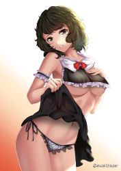 Rule 34 | 1girl, artist name, black hair, black skirt, bow, breasts, brown eyes, clothes lift, cowboy shot, curly hair, excaliblader, gradient background, highres, kawakami sadayo, lace, lace-trimmed panties, lace trim, lingerie, maid, medium breasts, navel, panties, parted lips, persona, persona 5, short hair, skirt, skirt lift, solo, twitter username, underboob, underwear