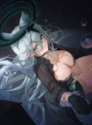 Rule 34 | 1girl, animal ears, black choker, black dress, blue archive, blue eyes, breasts, broken halo, choker, cleavage, cross hair ornament, dark halo, dress, extra ears, frilled sleeves, frills, from above, gloves, grey hair, hair between eyes, hair ornament, halo, han keshi chao mang de, highres, large breasts, long hair, long sleeves, looking at viewer, mismatched pupils, rain, reaching, reaching towards viewer, shiroko (blue archive), shiroko terror (blue archive), solo, wet, wolf ears