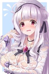 Rule 34 | 1girl, azur lane, black choker, blue background, blush, braid, braided bun, breasts, choker, cleavage, cygnet (azur lane), cygnet (retrofit) (azur lane), double bun, embarrassed, frilled shirt, frills, hair bun, hair ornament, hair ribbon, hat, highres, jewelry, large breasts, long hair, long sleeves, looking at viewer, miimu (nelreg3), open mouth, red eyes, ribbon, shirt, silver hair, solo, two-tone background, wet, wet clothes, wet shirt, white background