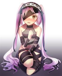Rule 34 | 1girl, alternate costume, asymmetrical clothes, bad id, bad pixiv id, bare shoulders, between legs, black background, black hair, black ribbon, blush, breasts, brown eyes, collarbone, commentary request, cosplay, embarrassed, euryale (fate), fate/grand order, fate (series), fishnet legwear, fishnets, frilled hairband, frills, full body, gradient background, hair between eyes, hairband, hand between legs, kneeling, long hair, looking at viewer, mochizuki chiyome (fate), mochizuki chiyome (fate) (cosplay), nidaime (doronbo), on one knee, open mouth, purple eyes, purple hair, ribbon, small breasts, solo, tears, thighs, twintails, very long hair, white background