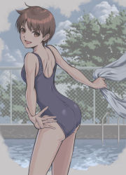 Rule 34 | 1girl, absurdres, ass, bare arms, bare shoulders, blue one-piece swimsuit, brown eyes, brown hair, cloud, cloudy sky, commentary, commentary request, day, highres, holding, kasugano sakura, looking at viewer, looking back, one-piece swimsuit, open mouth, outdoors, pool, pool ladder, shiny clothes, short hair, simple background, sky, smile, solo, street fighter, street fighter zero (series), swimsuit, thighs, towel, tyanoki, water