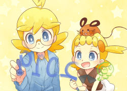 Rule 34 | 1boy, 1girl, ahoge, akasaka (qv92612), blonde hair, bonnie (pokemon), bright pupils, brother and sister, brown shirt, clemont (pokemon), closed mouth, commentary request, creatures (company), dedenne, game freak, gen 6 pokemon, glasses, grey eyes, hand up, holding, holding pen, jumpsuit, long sleeves, nintendo, on head, pen, pokemon, pokemon (anime), pokemon (creature), pokemon on head, pokemon xy (anime), shirt, siblings, skirt, sleeveless, sleeveless shirt, smile, white pupils, white skirt, writing, drawing on fourth wall