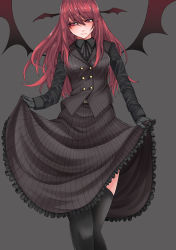 Rule 34 | 1girl, absurdres, alternate costume, belt, black belt, black gloves, black ribbon, black shirt, black skirt, black thighhighs, black vest, blush, breasts, commentary request, demon wings, feet out of frame, frills, gloves, grey background, hair between eyes, head wings, highres, koakuma, long hair, long sleeves, looking to the side, medium breasts, neck ribbon, omigawa namari, red eyes, red hair, ribbon, shirt, simple background, skirt, skirt hold, skirt set, solo, standing, thighhighs, thighs, touhou, vest, wings
