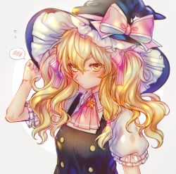 Rule 34 | 1girl, alternate hairstyle, apron, black dress, blush, bow, commentary, dress, embarrassed, frilled dress, frills, grimace, hair bow, hand up, hat, hat bow, here (hr rz ggg), holding, holding clothes, holding hat, kirisame marisa, looking at viewer, pink bow, pink neckwear, puffy sleeves, short sleeves, star (symbol), touhou, twintails, twintails day, waist apron, witch hat, yellow eyes
